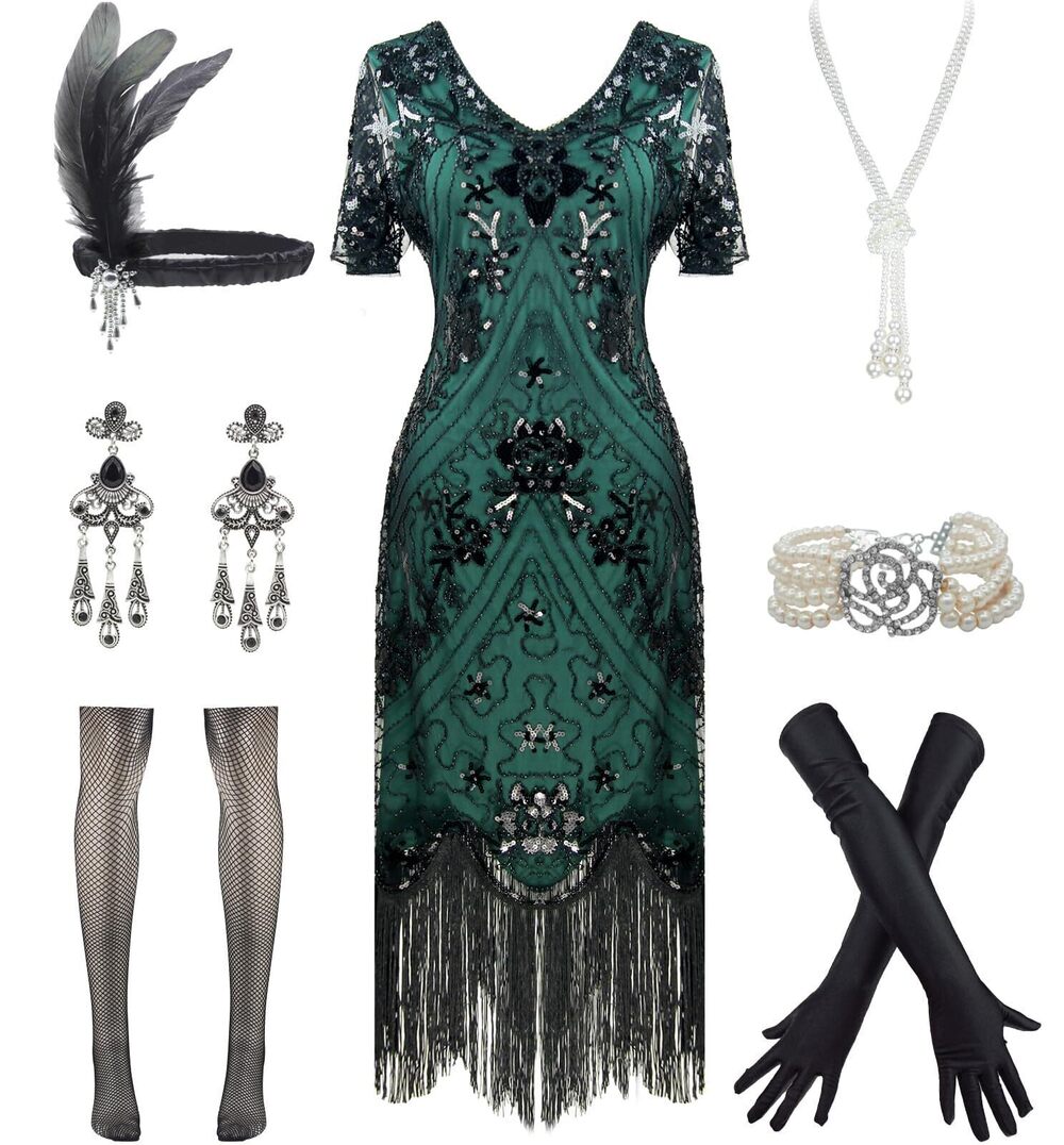 9233 1920s Art Deco Fringed Sequin Dress 20s Flapper Gatsby Costume Dress